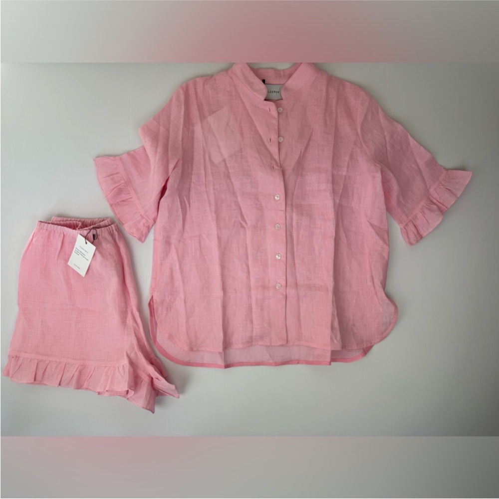 Sleeper Linen Lounge Suit sz M Shirt & L Shorts Pajama Set Pink